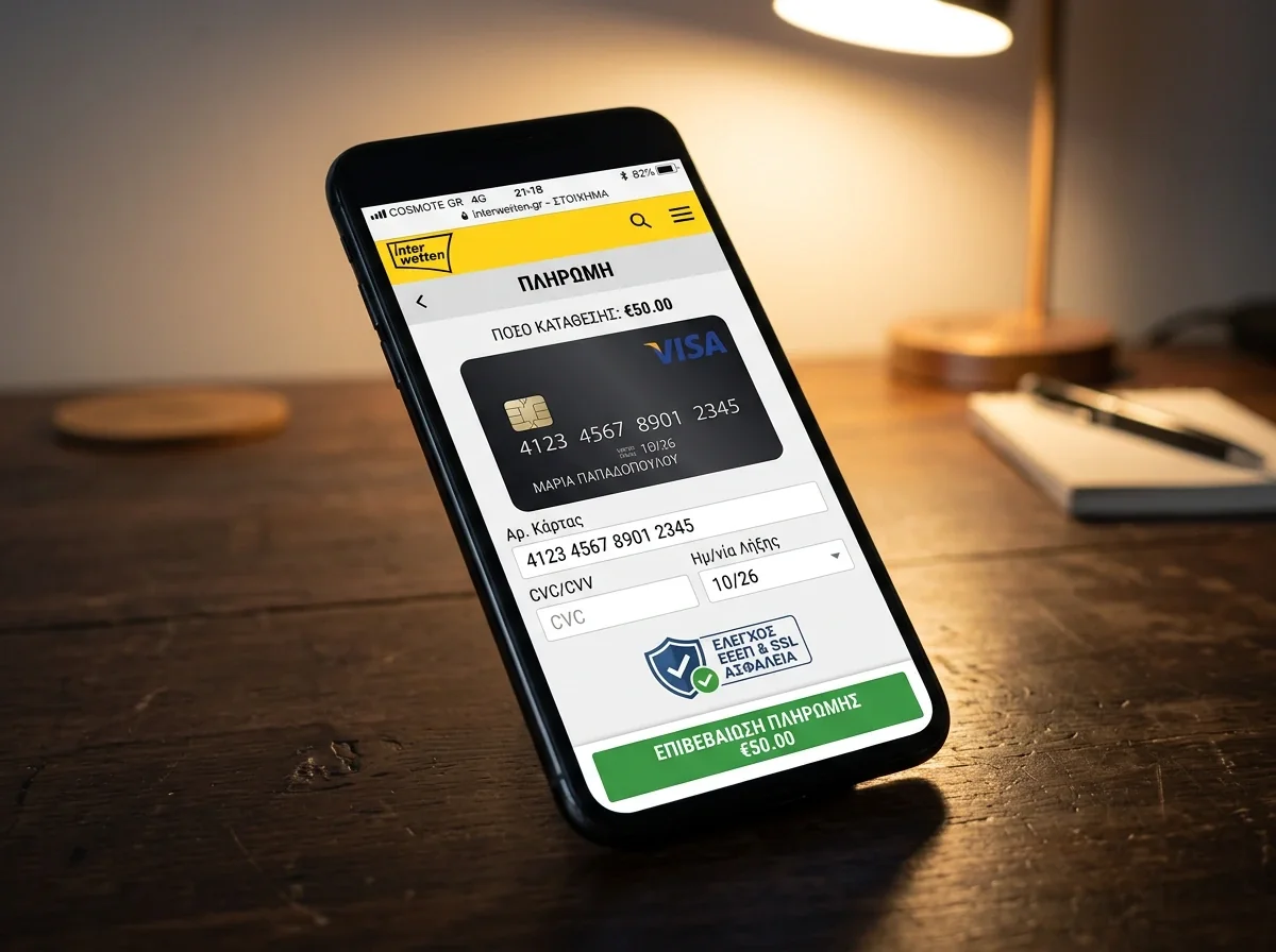 Διεπαφή Interwetten με σύμβολα Visa και ΕΕΕΠ επικύρωσης