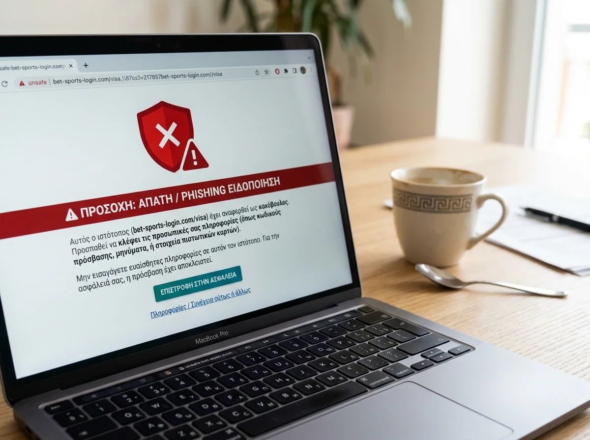 Οθόνη προειδοποίησης phishing attempt με λογότυπα ψεύτικης στοιχηματικής