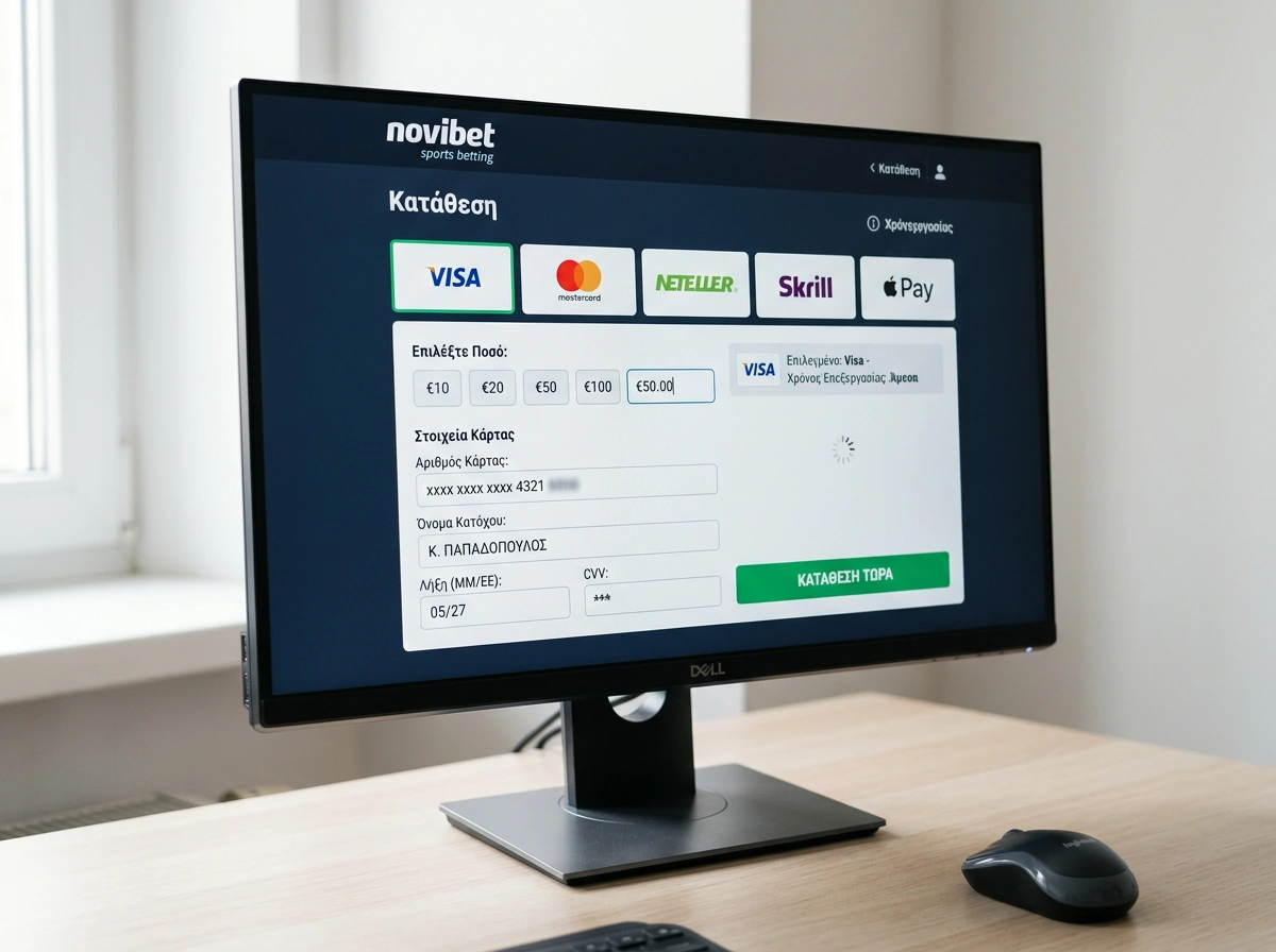 Οθόνη κατάθεσης Novibet με επιλογή Visa και ένδειξη χρόνου εκκαθάρισης