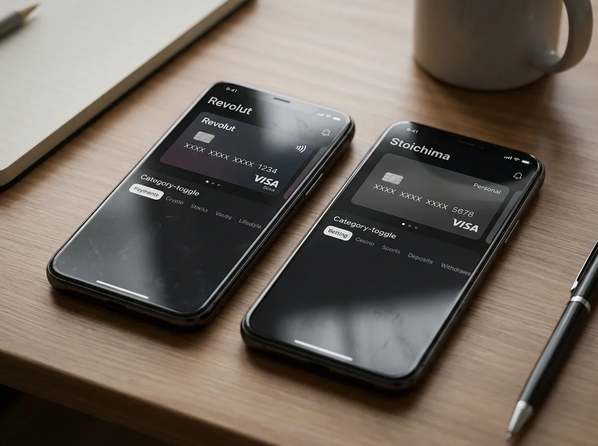 Εφαρμογές Revolut και Viva Wallet με συνδεδεμένες Visa και επιλογές κατηγοριοποίησης δαπανών