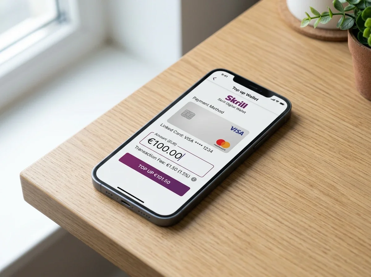 Διεπαφή Skrill με επιλογή γεμίσματος από Visa και ένδειξη προμήθειας 1,9%