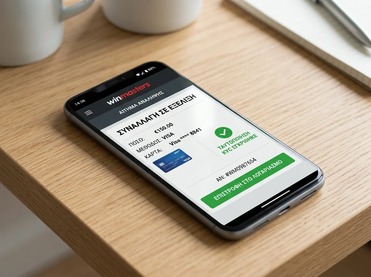 Οθόνη ανάληψης Winmasters με Visa και ενδείξεις KYC επιβεβαίωσης